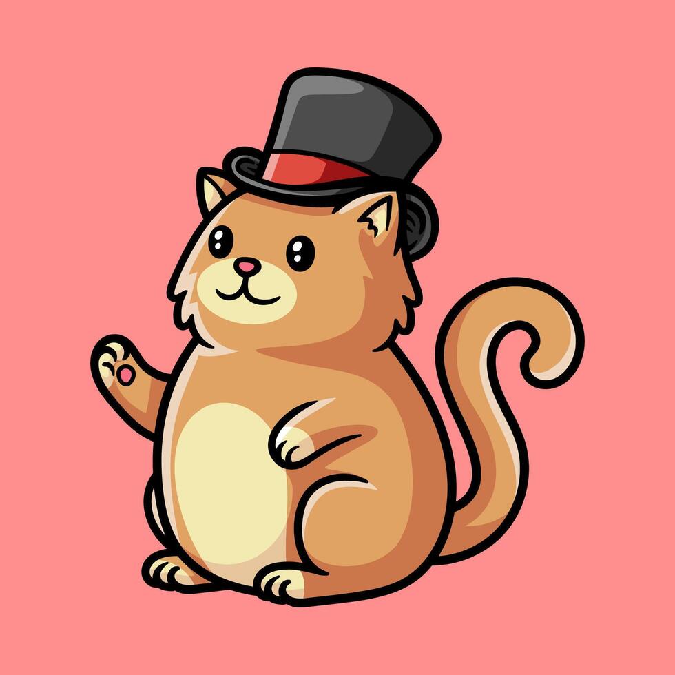 fun fat cat with old hat cartoon colored character isolated drawing line style sketch classic vintage design illustration vector