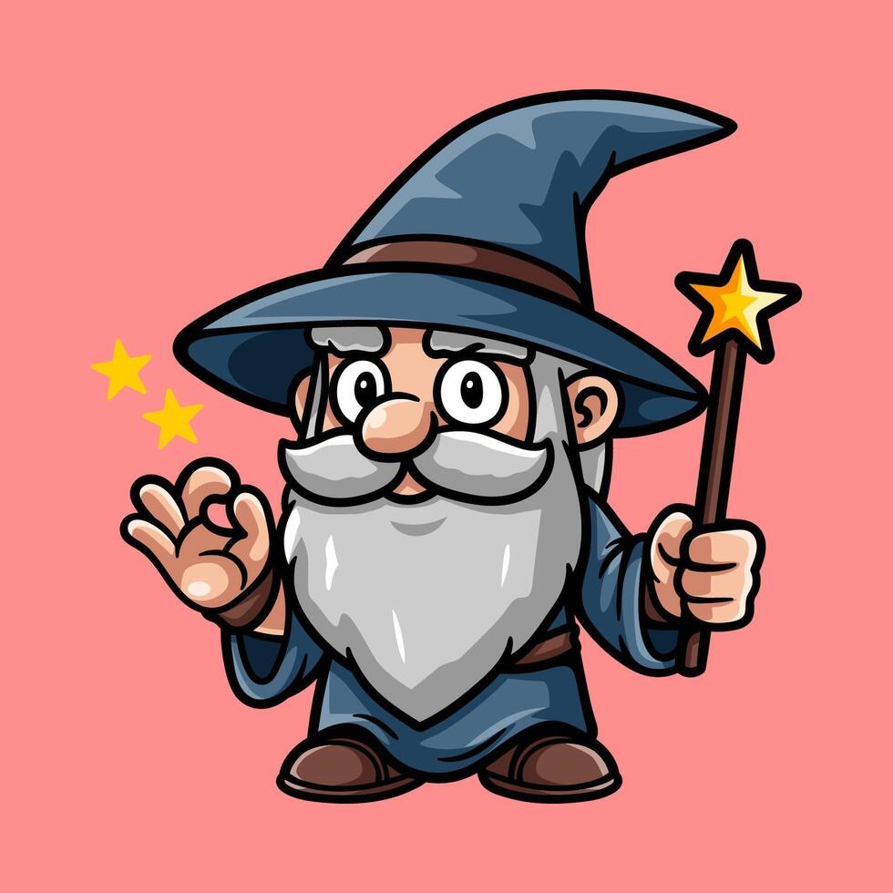 fun wizard hold magic wand cartoon colored character isolated drawing line style sketch classic vintage design illustration vector