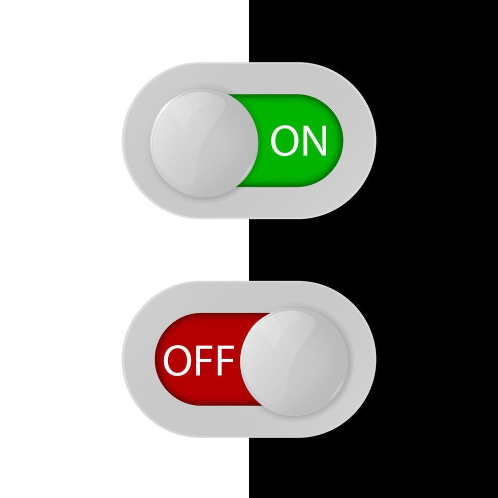 On Off switches, white with 3d effect, with red and green background vector