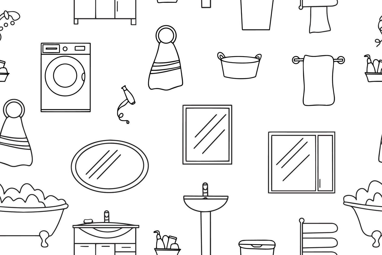 Seamless pattern of bathroom accessories icons. Furniture, accessories, bathroom equipment in doodle style on a white background. vector