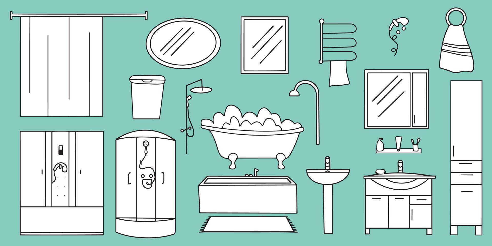 A set of objects and furniture. Bathroom and toilet with washbasins, sinks, mirrors, shower, cabinets vector