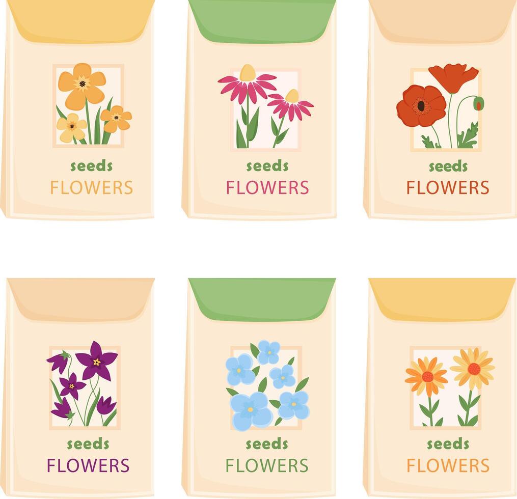 Seeds of garden flowers in a paper bags. Set of flower seeds packages isolated on white background. illustration. vector