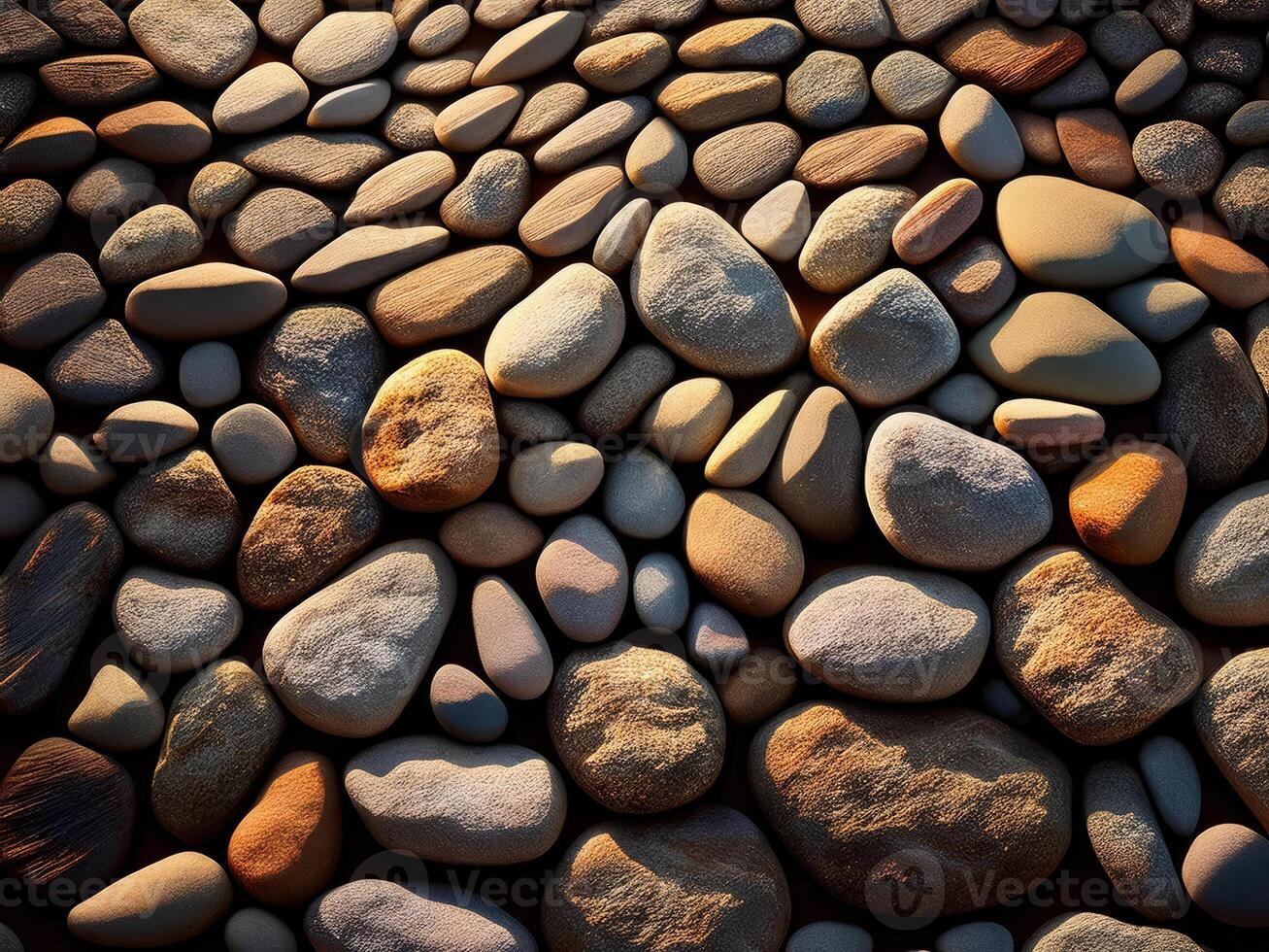 Natural stone texture with diverse shapes and colors found in a riverbed setting photo