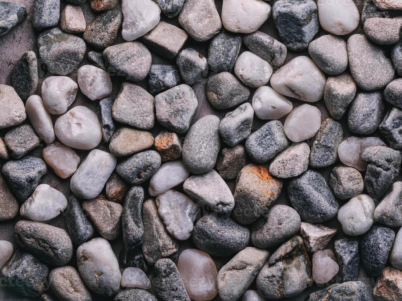 Natural pebble texture with a variety of shapes and colors found in a serene outdoor setting photo
