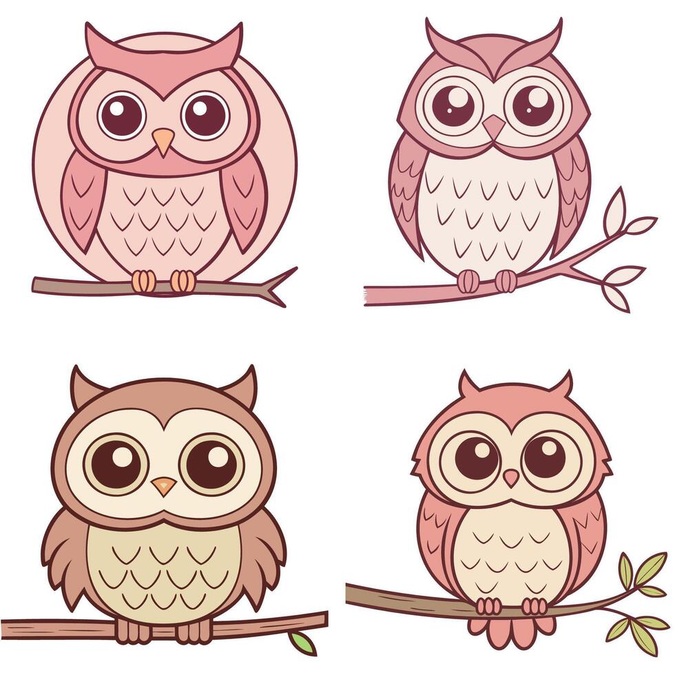 Owls on Branches Whimsical Illustrations in Various Styles vector