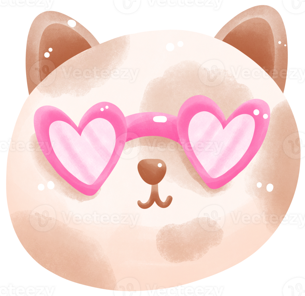 Brown cat wear pink heart glasses png