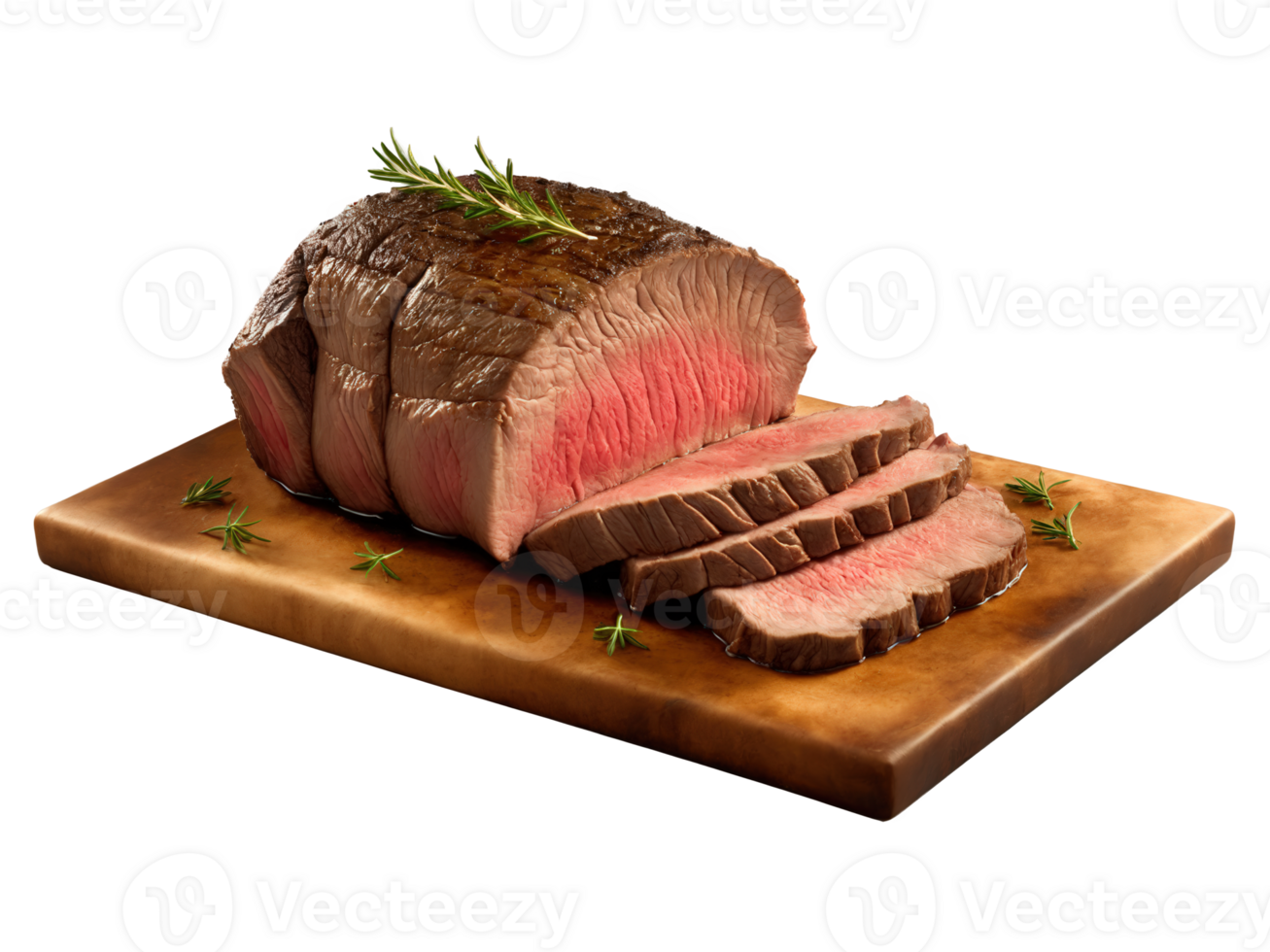 Roast Beef, au jus splash, herb scatter, steam rising, dramatic lighting, product shot, transparent background png