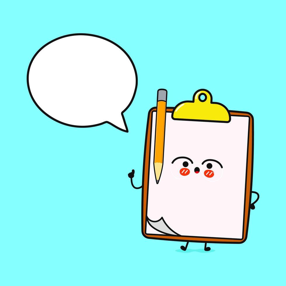 Cheerful Clipboard Character with Speech Bubble Pencil on Light Blue Background vector