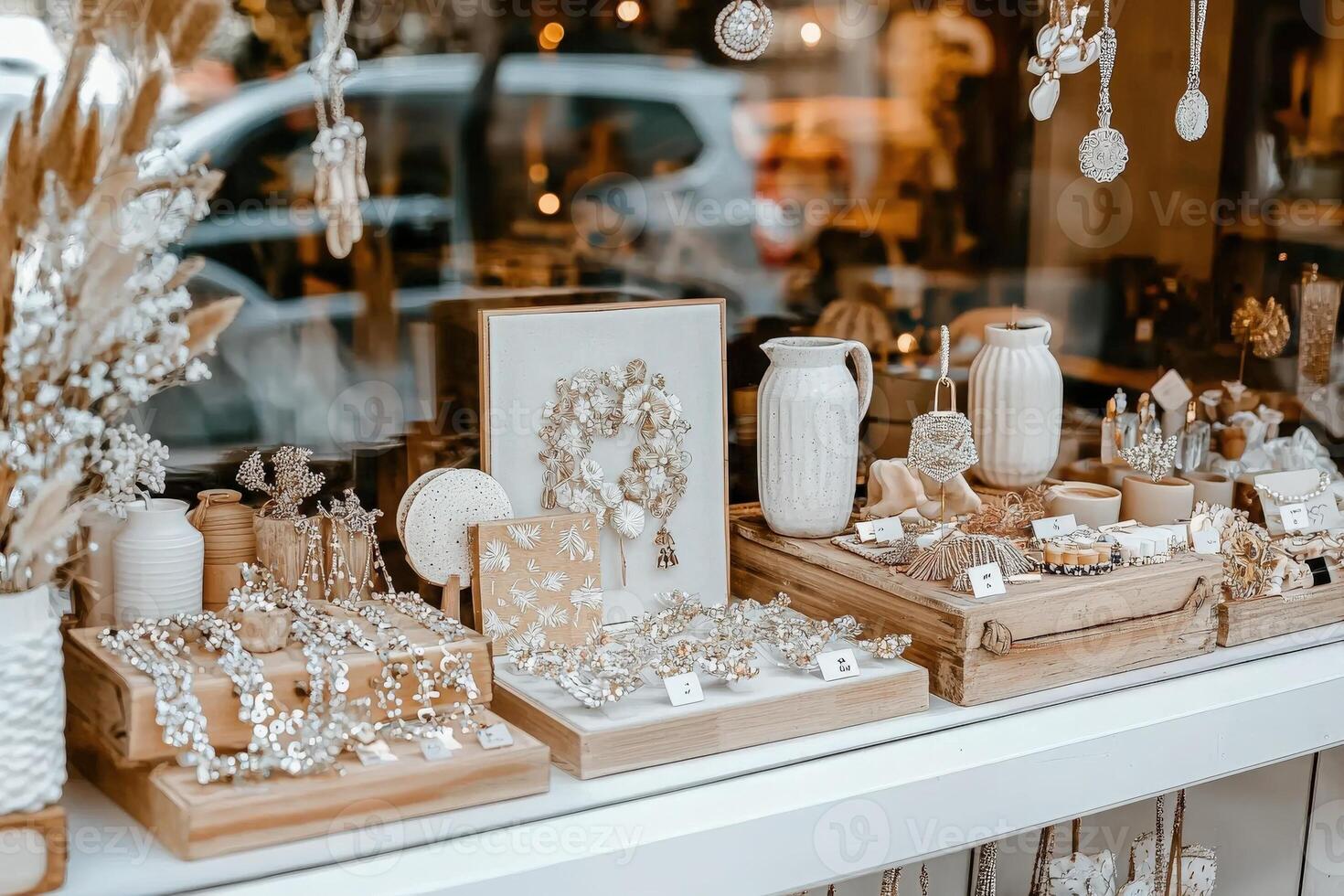 Beautifully arranged jewelry is showcased in a store window, drawing attention from shoppers passing by. The elegant pieces, crafted from various materials, sparkle in natural light. photo