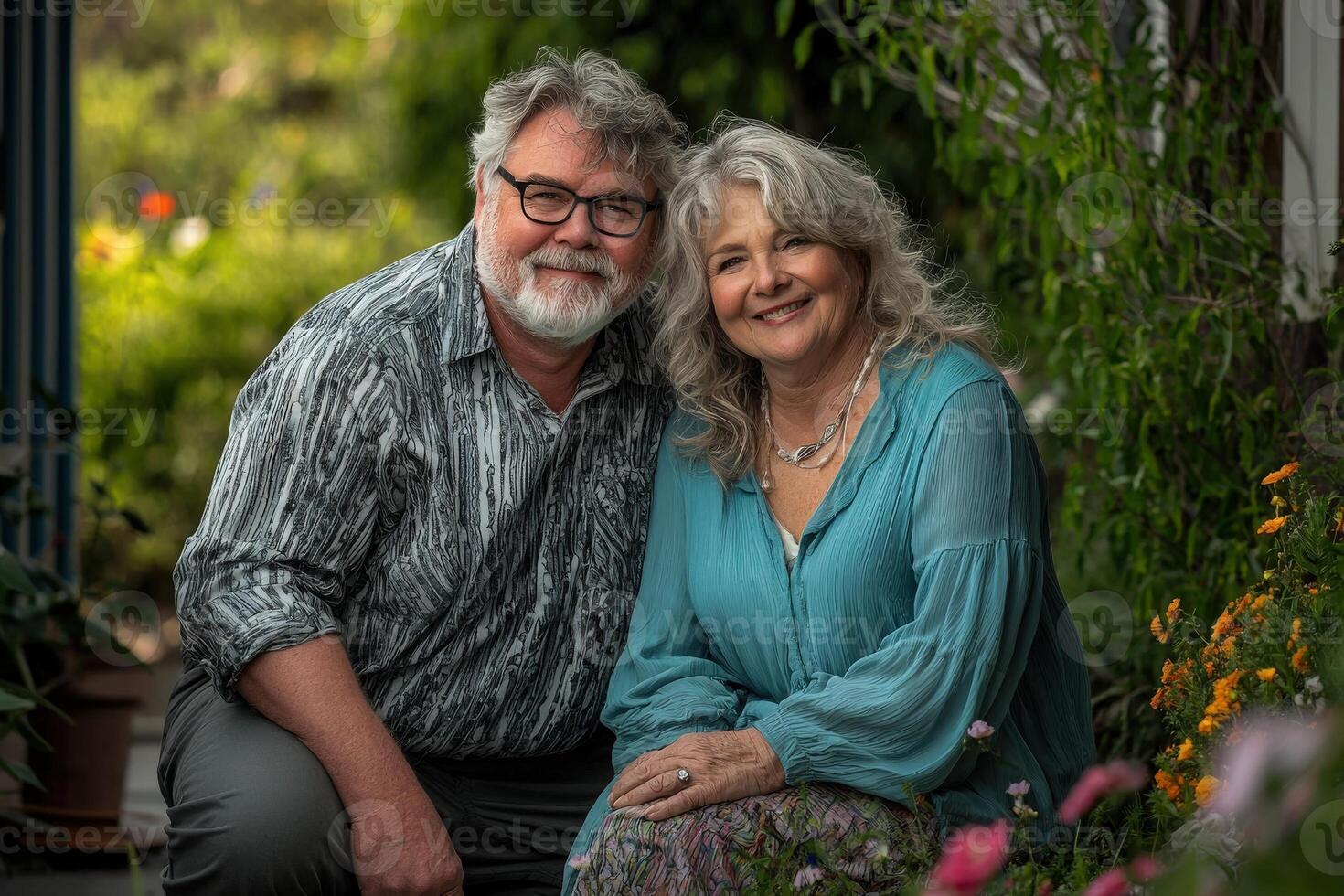 Two smiling adults sit closely together among vibrant flowers in a delightful garden. The atmosphere is warm and inviting, showcasing their happiness on a sunny day. photo
