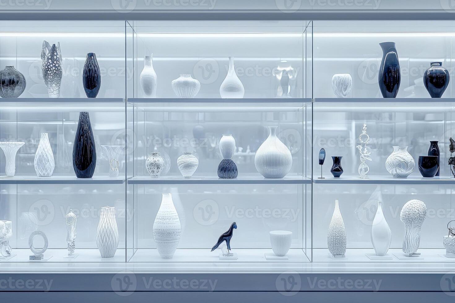 A variety of modern vases and sculptures are displayed in a contemporary art gallery. The collection features unique designs in black and white, arranged on illuminated shelves. photo