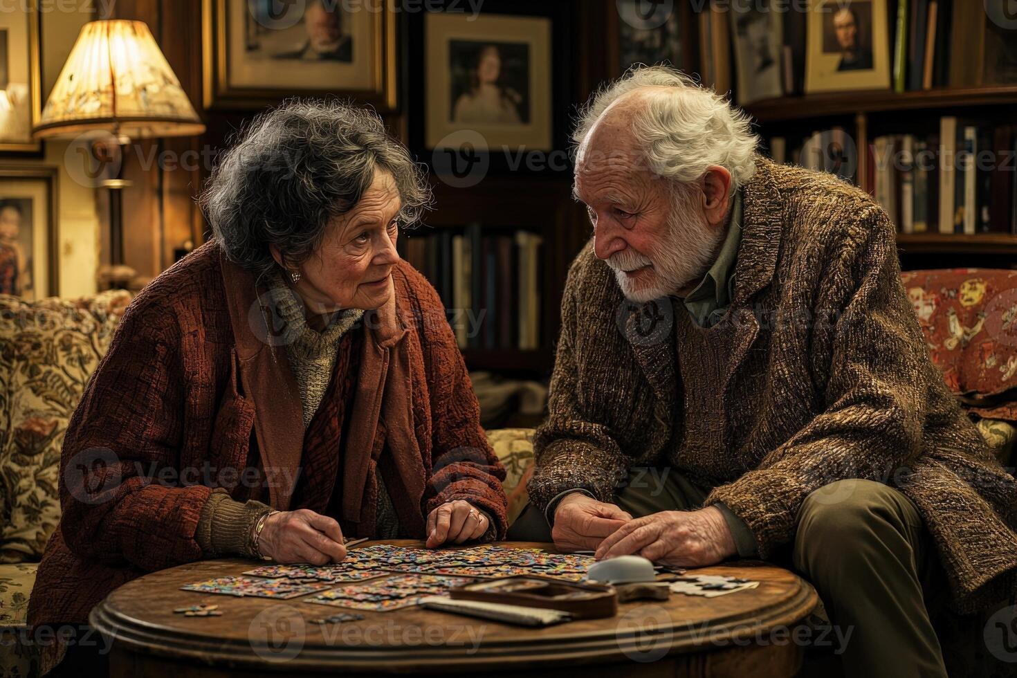 An elderly couple sits closely together at a table, immersed in solving a jigsaw puzzle. The warm atmosphere of the living room, adorned with books and family photos, enhances their bond. photo