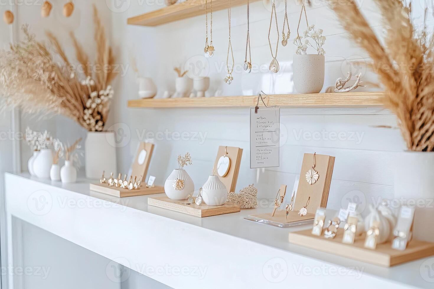 Beautifully arranged handmade jewelry pieces are showcased on a bright wooden shelf in a boutique. The atmosphere is warm, adorned with dried flowers and minimalist decor. photo