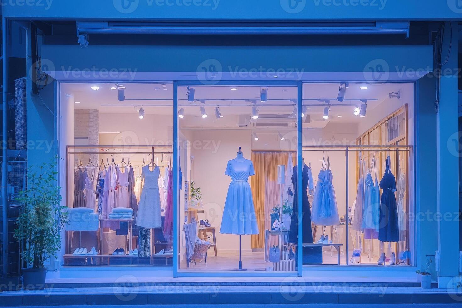 A clothing boutique features an array of elegant dresses and stylish outfits on mannequins and hangers, illuminated by soft interior lights. The inviting atmosphere attracts passersby. photo