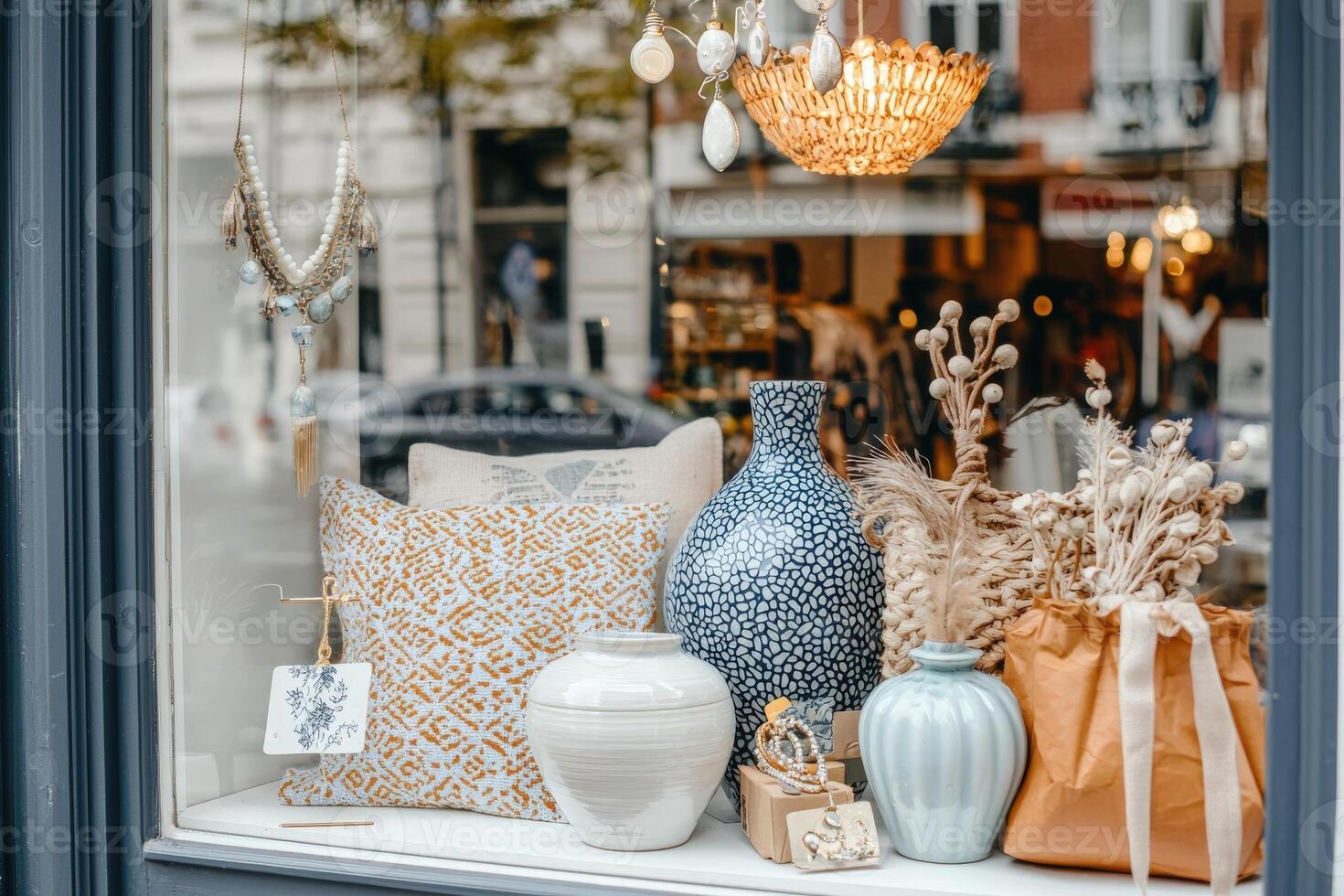 A cozy shop window showcases an array of decorative vases, cushions, and dried flowers. The warm lighting highlights the unique textures and colors, inviting passersby to explore further. photo