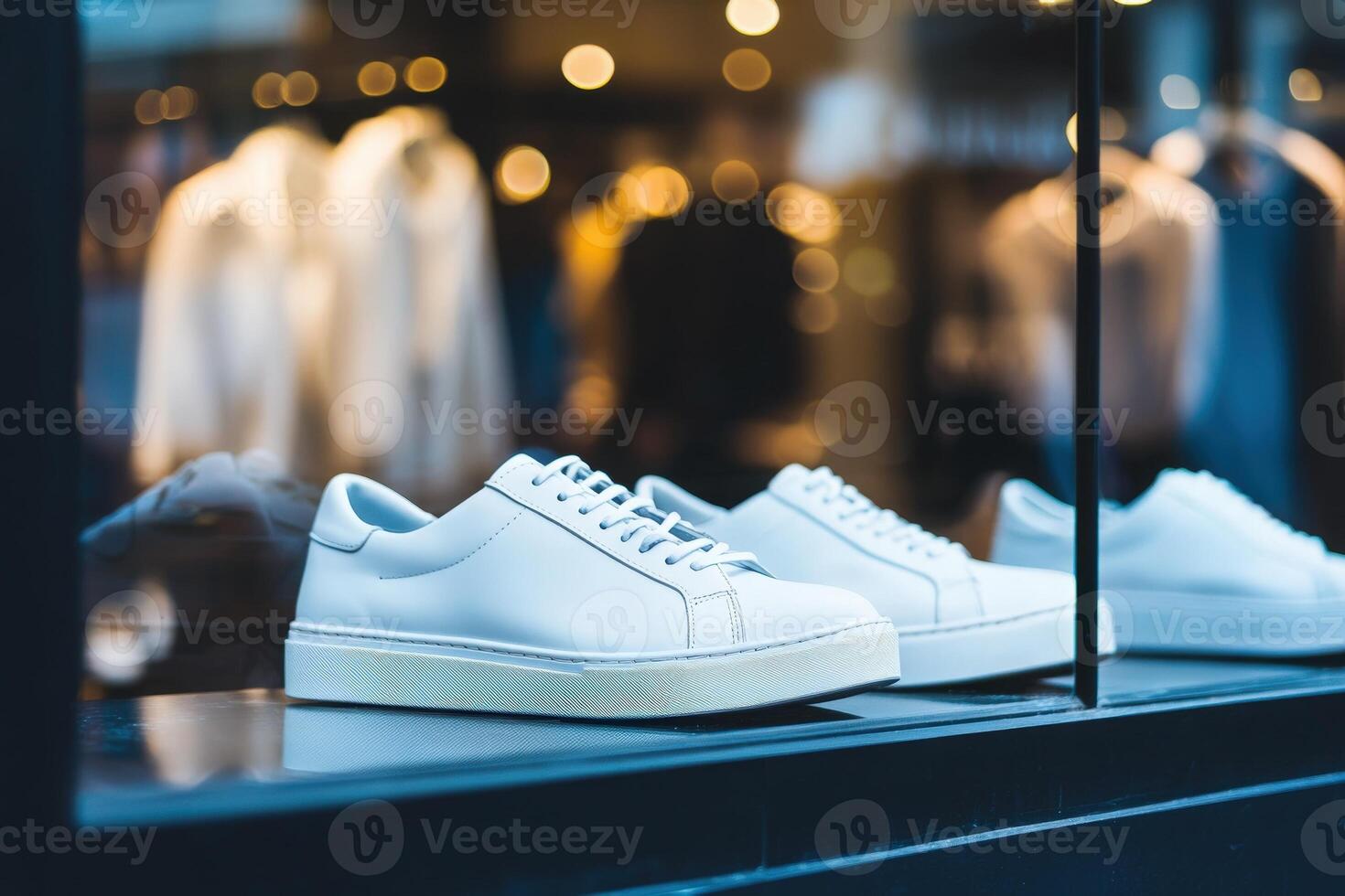 White sneakers are showcased in a stylish shop window, highlighting their sleek design. The blurred background features clothing items, creating an inviting shopping atmosphere. photo