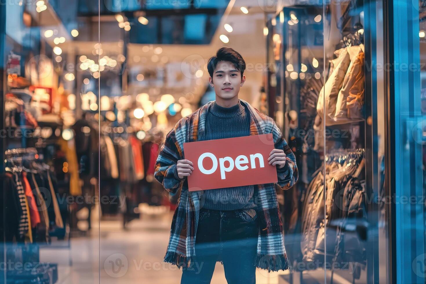 A young man stands in front of a clothing store, holding an open sign. The store is fully lit, showcasing various clothing items. It is early evening with a cozy atmosphere. photo