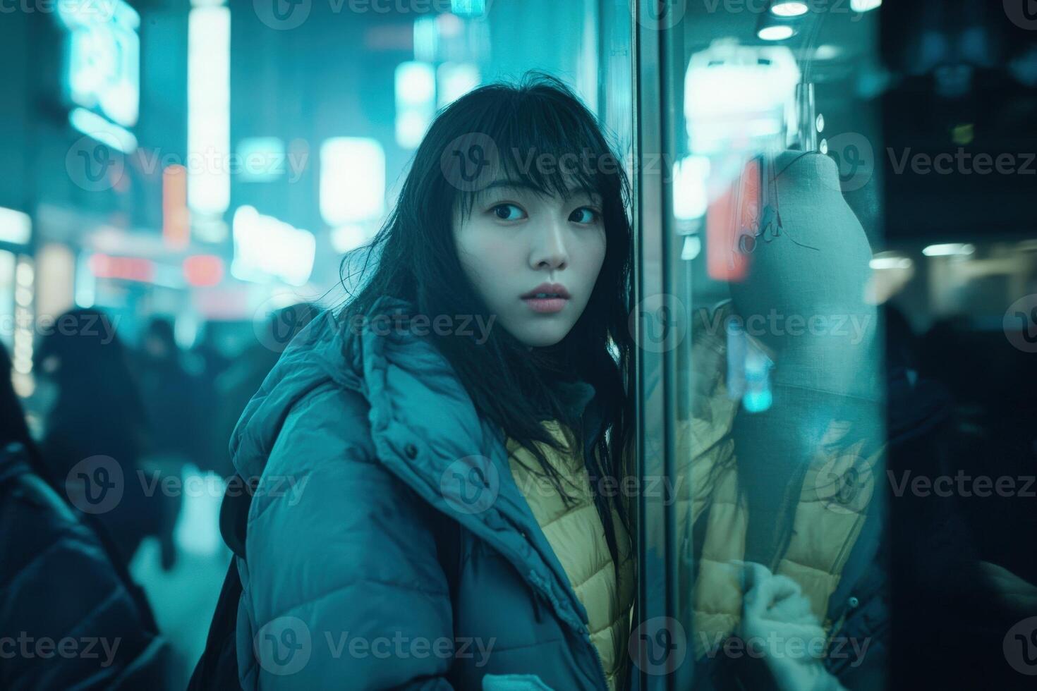A young woman stands beside a shop window, looking curiously at the display. Neon lights illuminate the bustling street, creating a lively urban atmosphere in the nighttime scene. photo