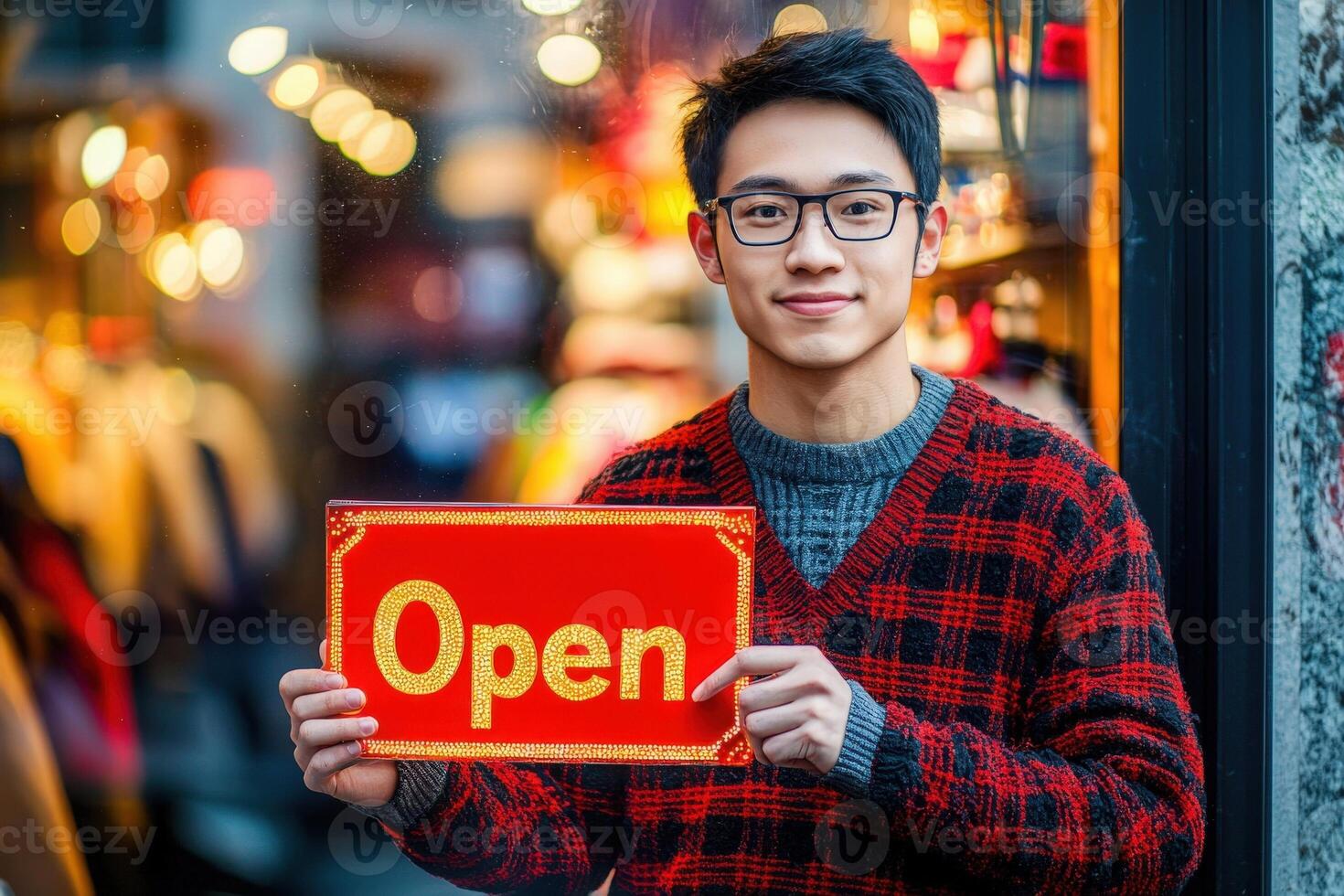 A young man with glasses stands outside a fashionable store, proudly displaying an open sign. He wears a cozy red and black plaid sweater, surrounded by warm shop lights. photo