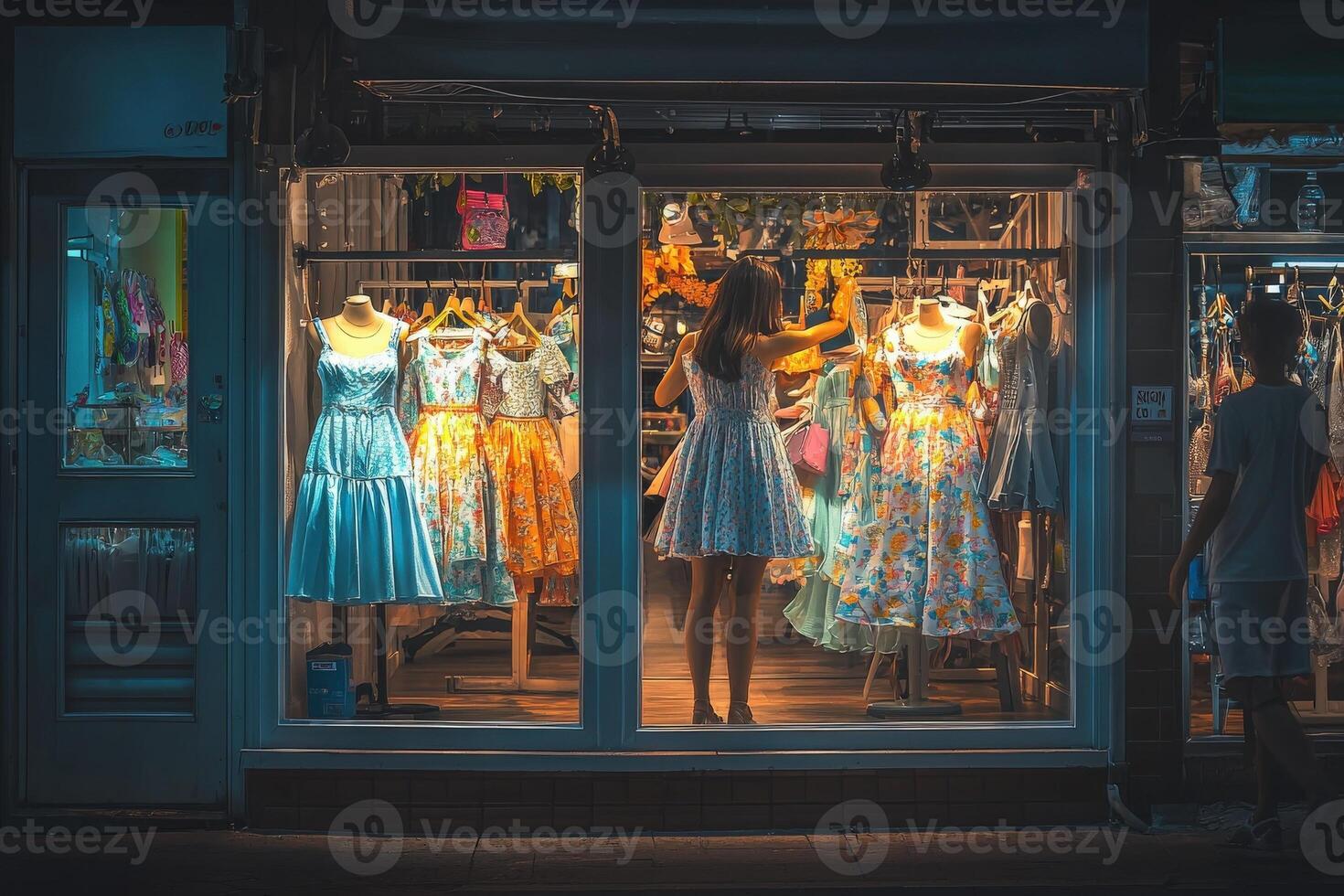 A woman browses through colorful dresses in a boutique window at night. The display features various styles, enticing passersby with vibrant designs and soft lighting. photo