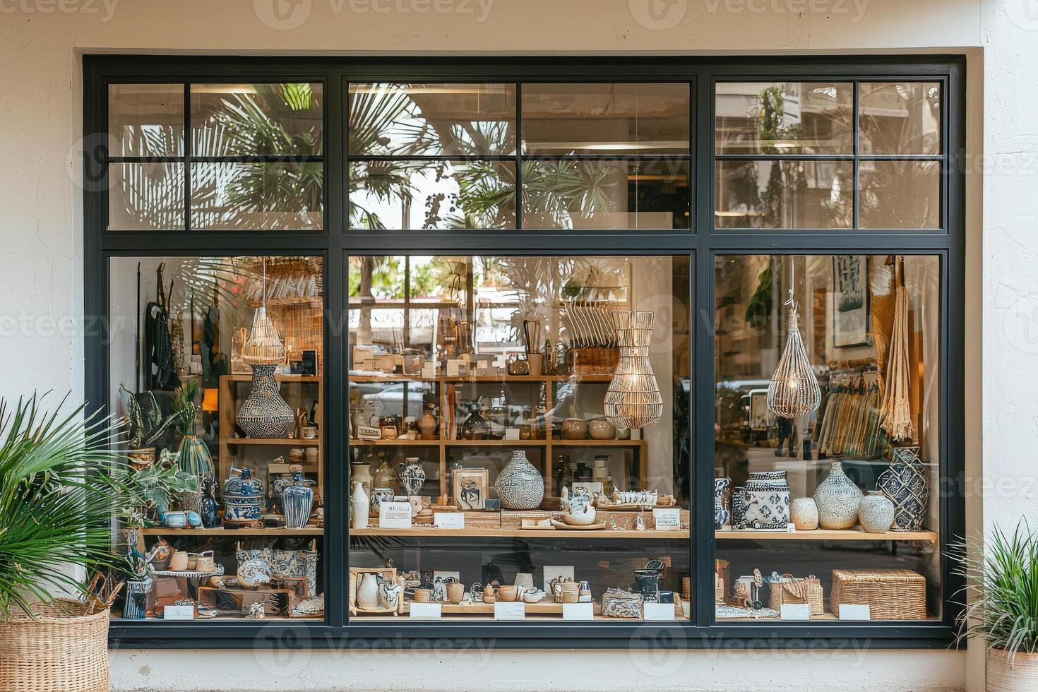 A boutique showcases an array of decorative items and pottery in its window. Natural light highlights the intricate designs. Green plants frame the display, creating a welcoming atmosphere. photo