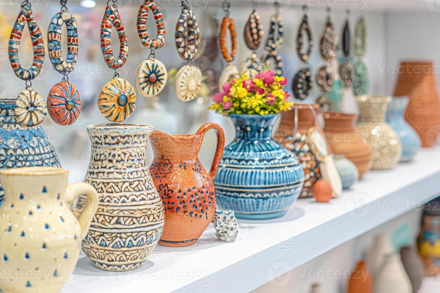 Vibrant pottery, including vases and jugs, is beautifully arranged on a shelf at a local artisan market. Colorful designs and intricate patterns attract visitors attention. photo