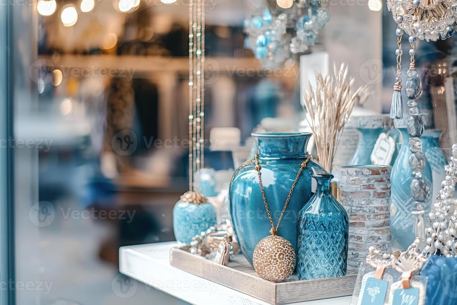 Decorative blue pottery and elegant jewelry adorn the window display of a boutique. The bright sunlight enhances the vibrant colors, attracting passersby to admire the craftsmanship. photo