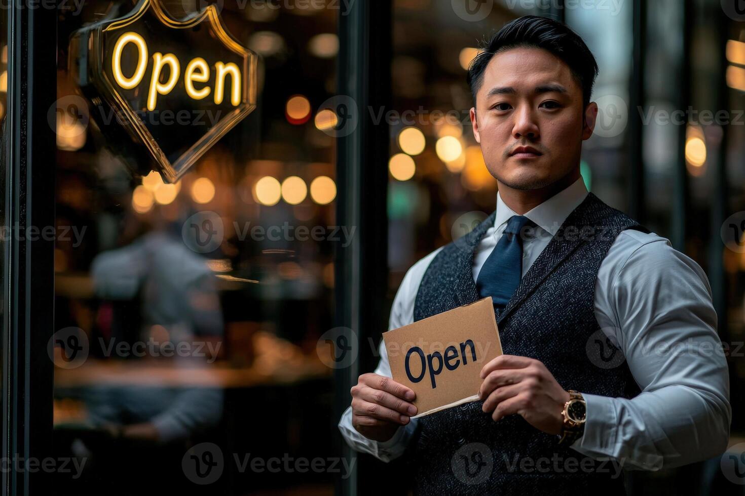 A confident man stands in front of a cafe entrance, holding an open sign. The warm glow of the cafe lights enhances the welcoming atmosphere during the evening. photo