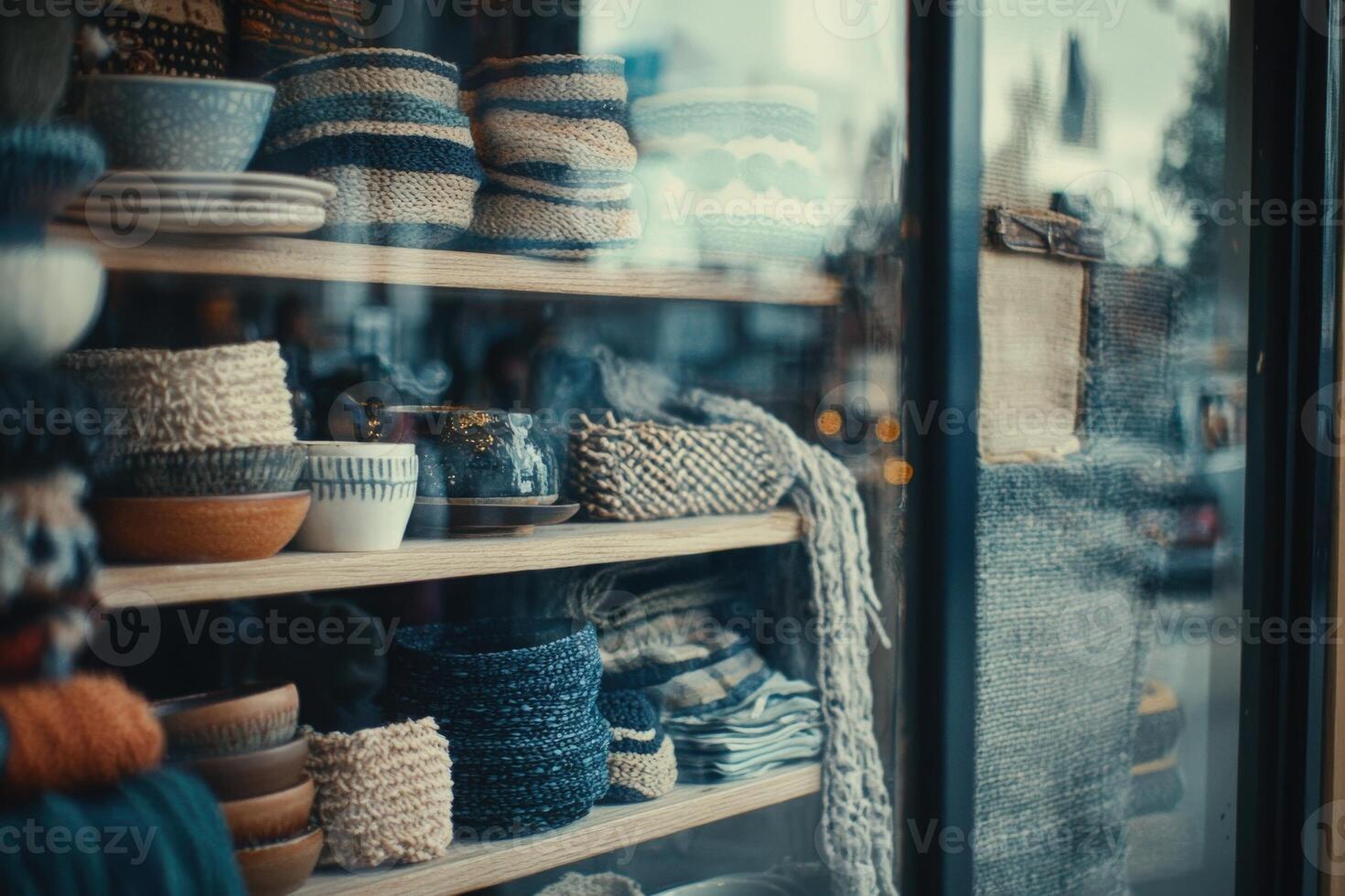 Handcrafted baskets and pottery are beautifully arranged in a store window. The warm tones and textures create an inviting atmosphere as dusk settles in a charming neighborhood. photo