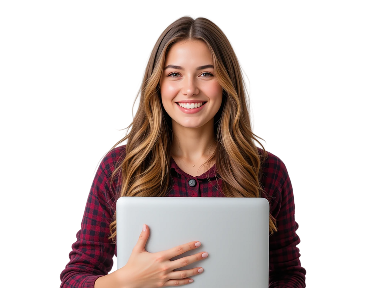 woman using laptop, smiling, and ready for work png