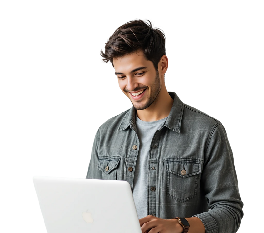 A cheerful young man is engrossed in work on a laptop, showcasing a positive and productive mood. png