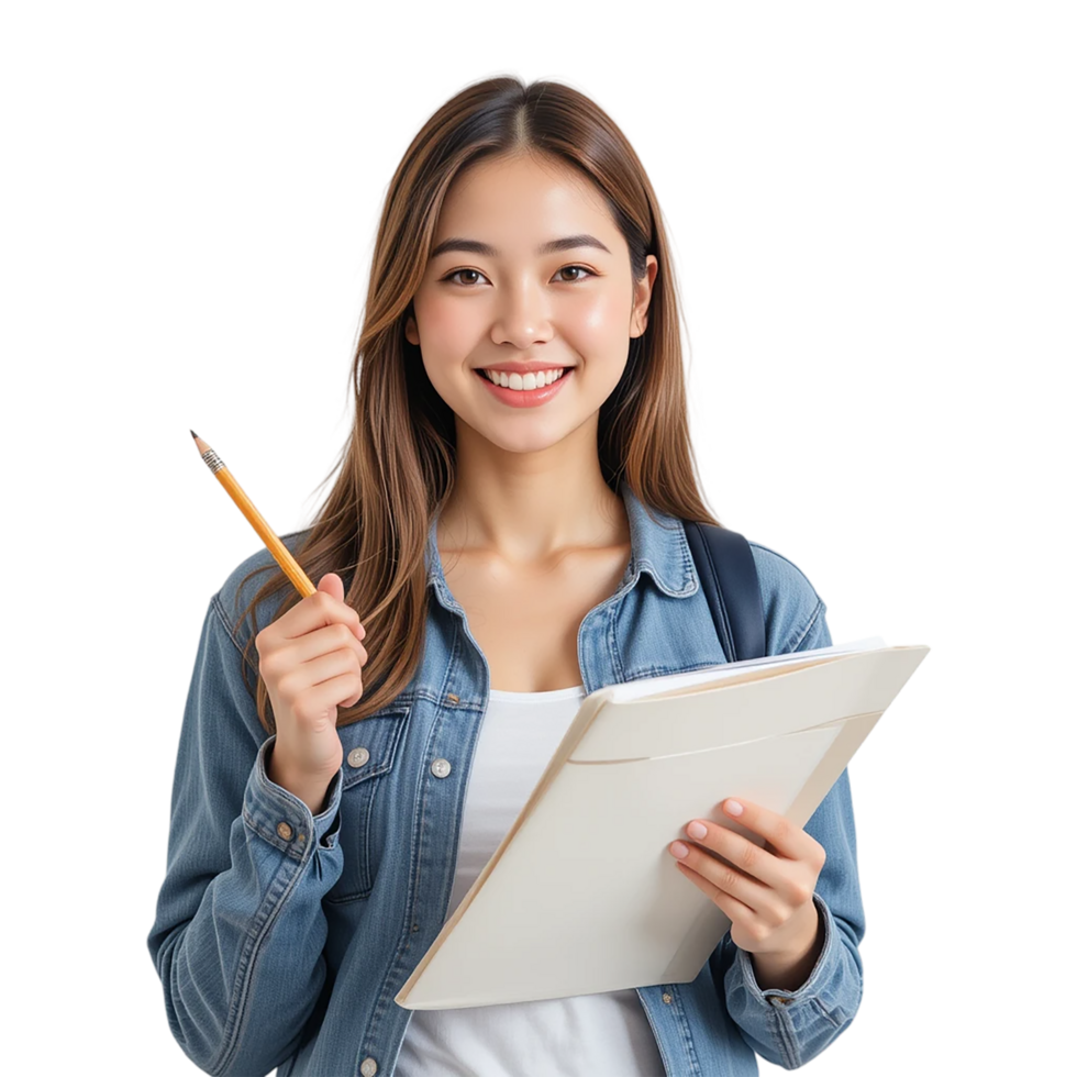Smiling Asian Student Holding Notes and Pencil png