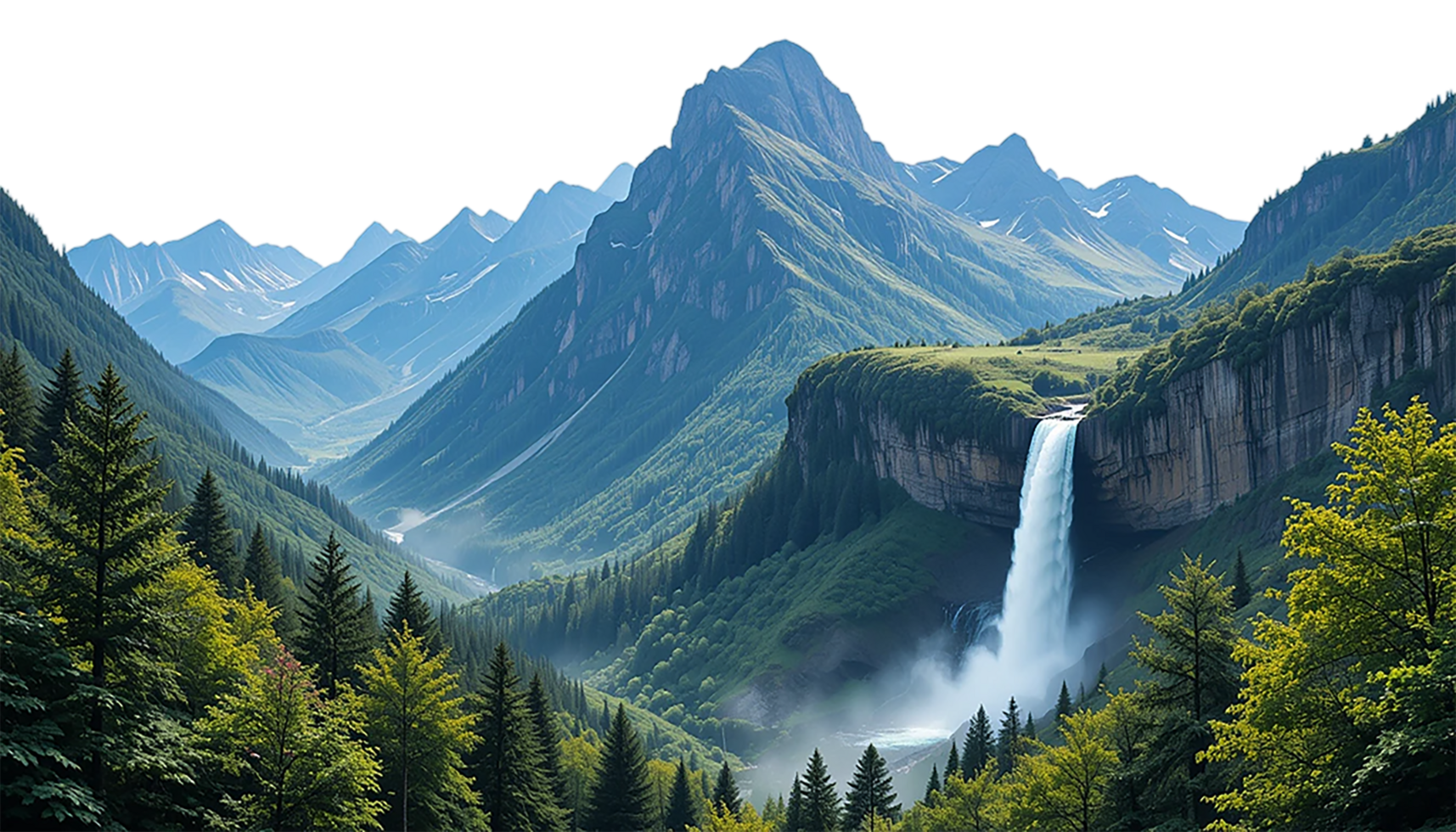 Majestic Waterfall Cascading Down Mountainous Landscape on transparent background png