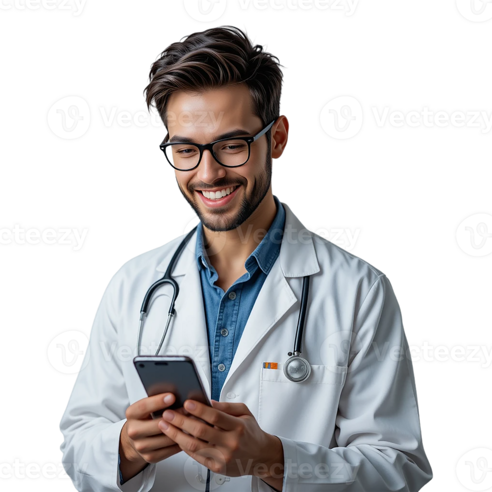 Smiling Doctor Using Smartphone, Ready for Telemedicine or Consultation png