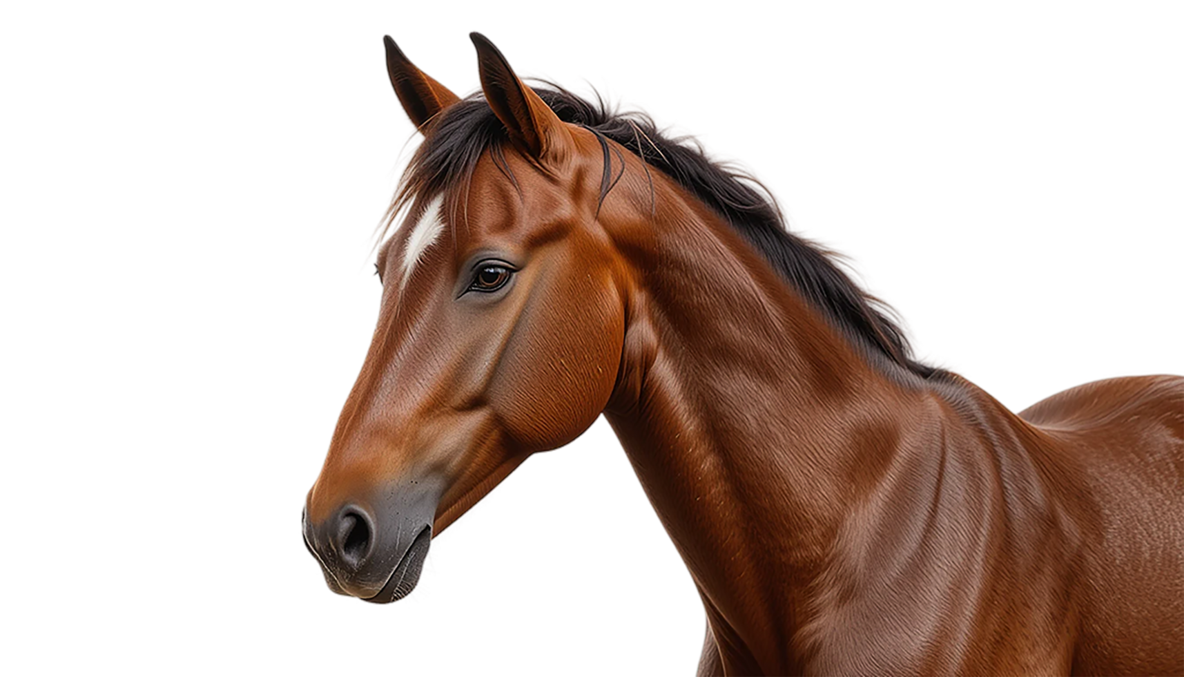 A close-up, high-quality digital illustration of a brown horse's head and neck on transparent background png