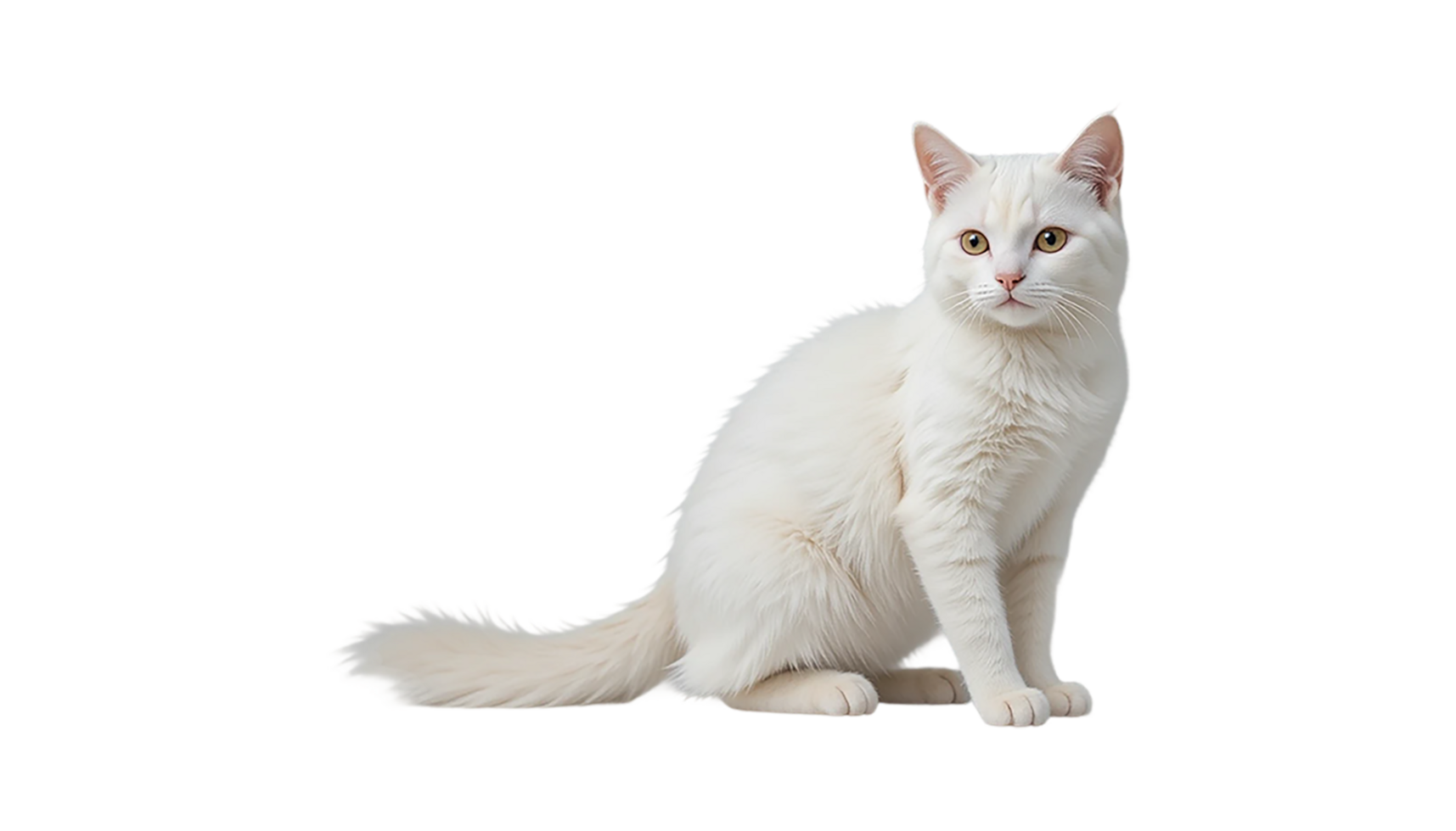 A beautiful white cat, sitting in a relaxed pose, is the star of this image. png