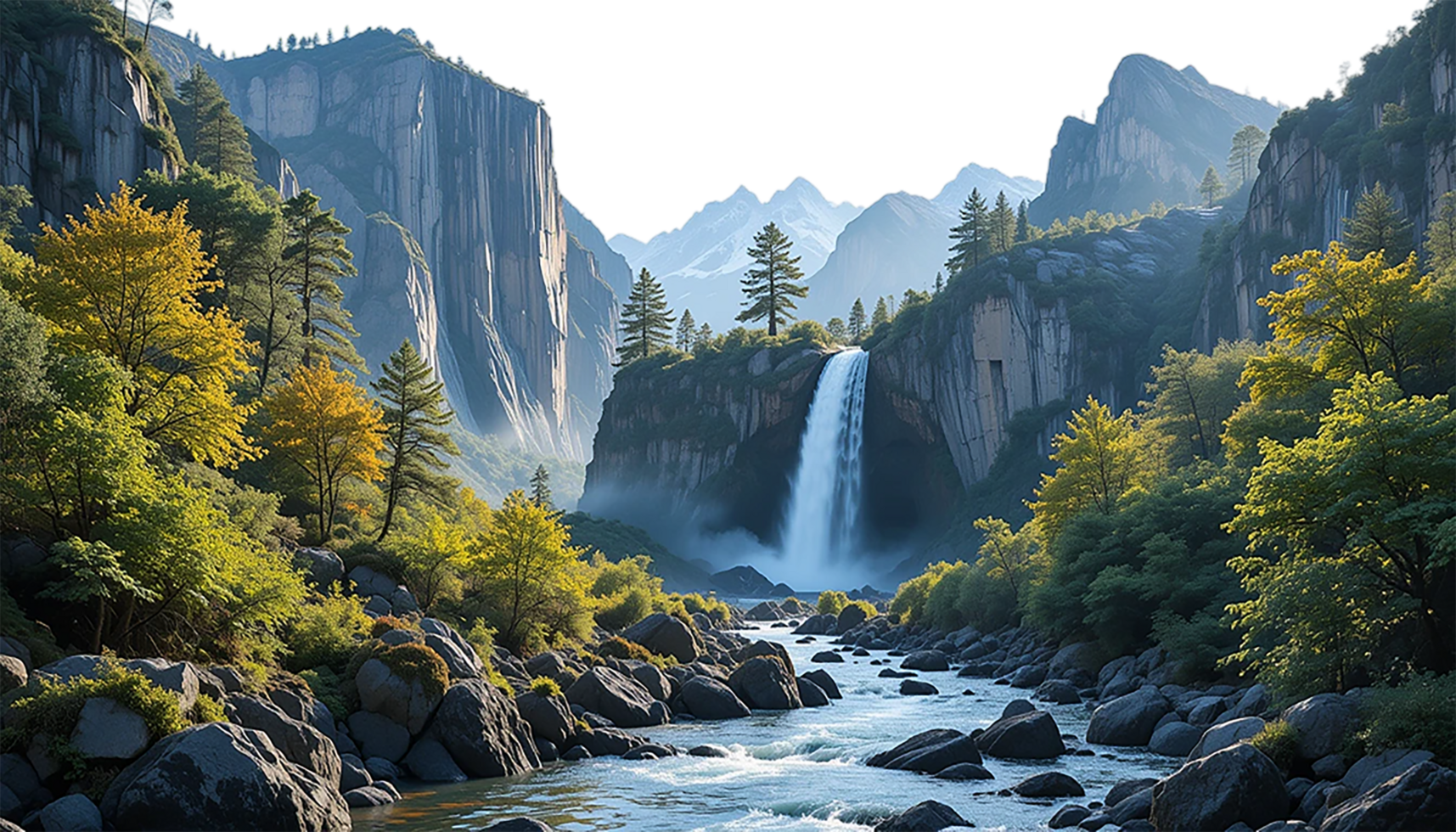 A breathtaking vista of a powerful waterfall cascading down rocky cliffs into a serene lake, nestled within a lush green valley surrounded by towering mountains. png