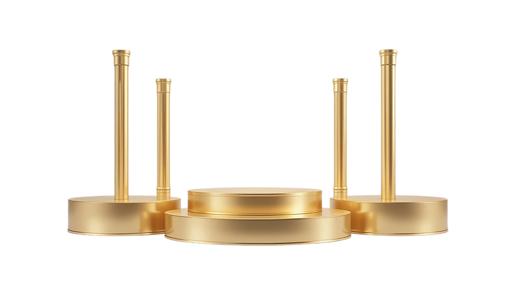This image features a set of three gold, circular, metallic podiums, a perfect visual aid for showcasing products. png