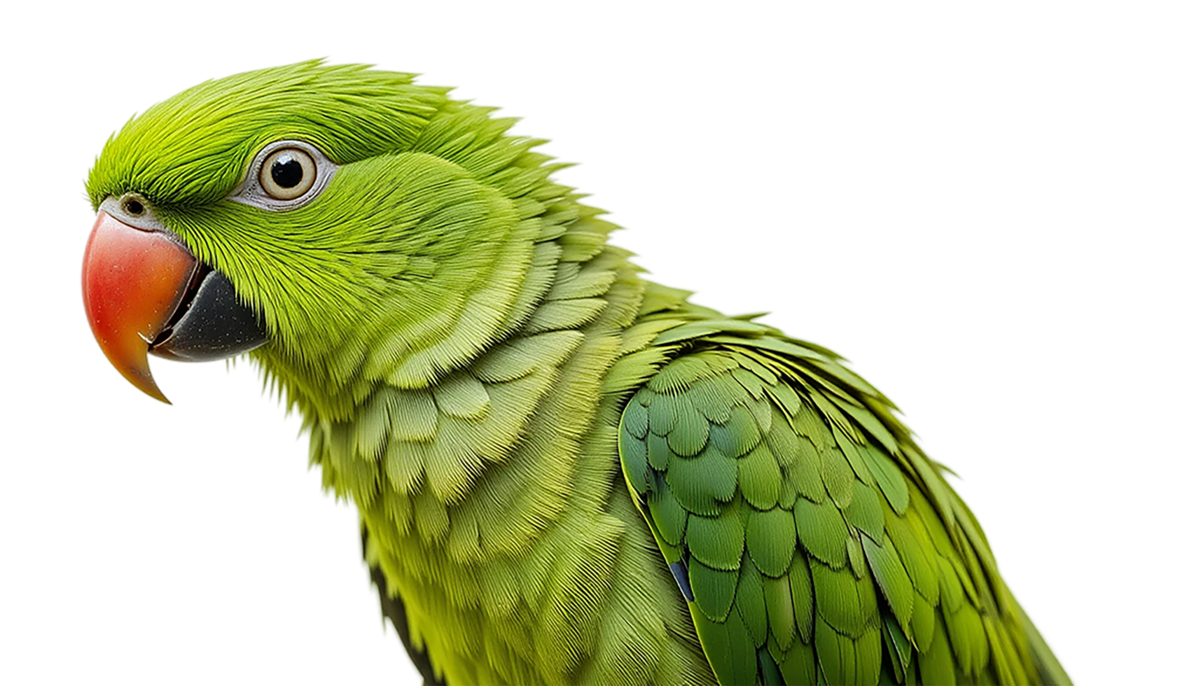 A detailed close-up of a parrot's head and upper body, showcasing the rich green plumage and intricate feather patterns. png
