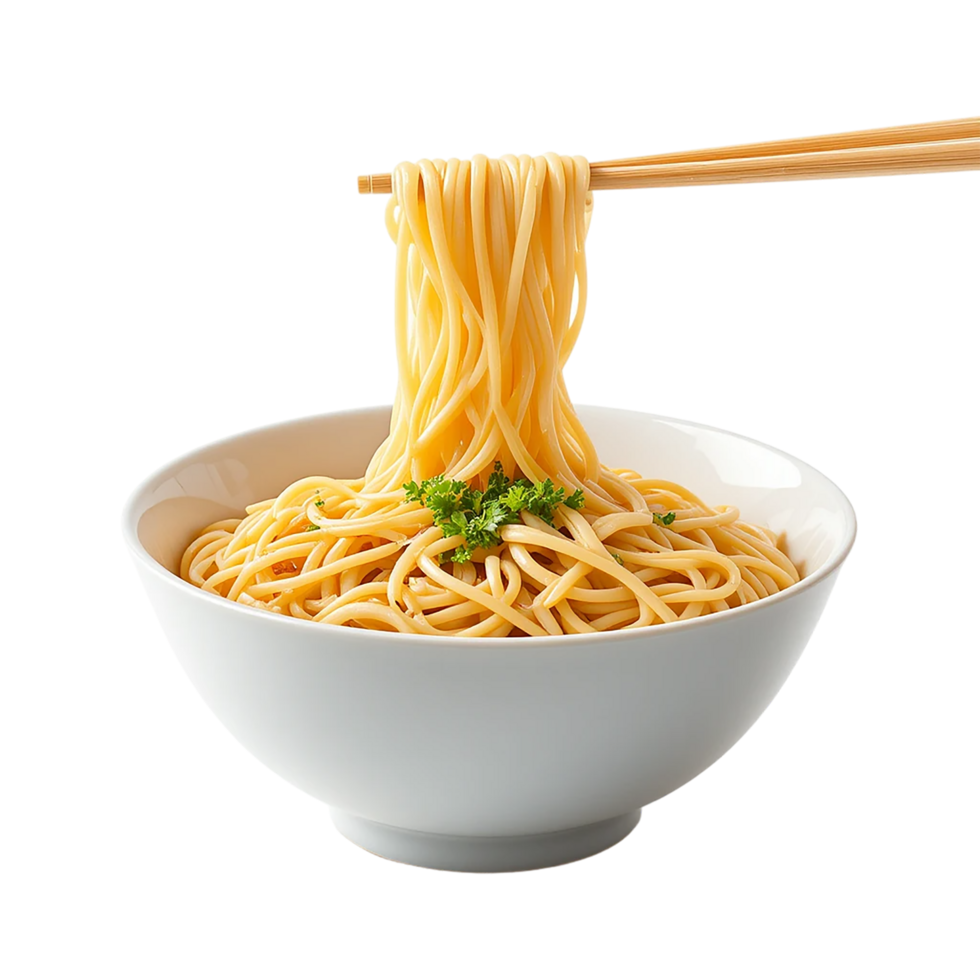 A high-angle, close-up shot of a generous portion of golden instant noodles being lifted by chopsticks, about to fall into a clear bowl. png