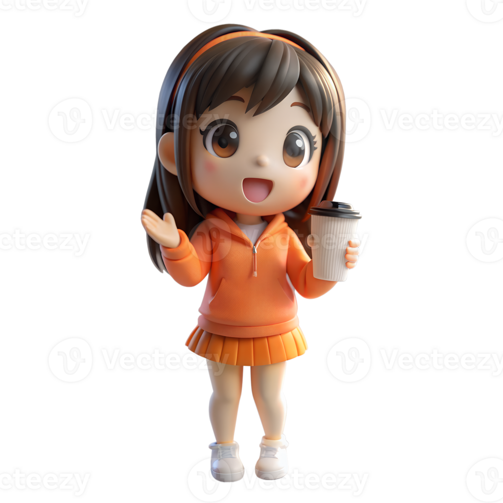 Anime style of smiling active Girl wearing casual clothes orange hoodie with mini skirt In her hand she held a large coffee cup. 3d render isolated transparent background png