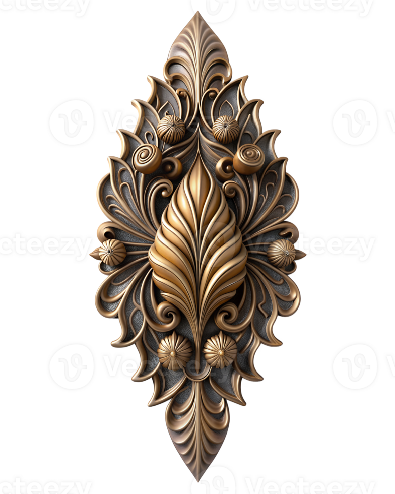 Ornate decorative element featuring intricate leaf and floral patterns, predominantly in gold and bronze tones, with a symmetrical design png