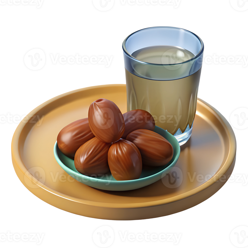 3D render of a Dates on a Plate A decorative plate with a few dates, accompanied by a small glass of water png