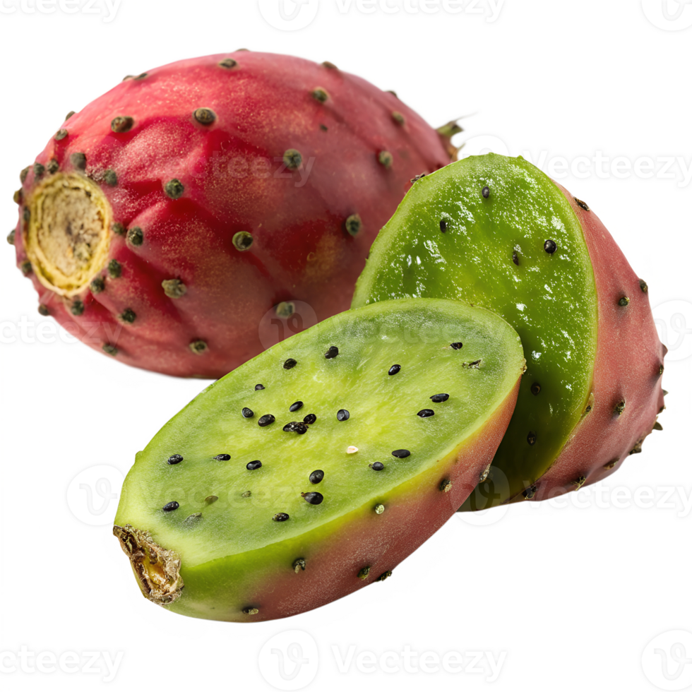 A whole prickly pear, displayed alongside a sliced piece revealing the bright green pulp with tiny black seeds inside png