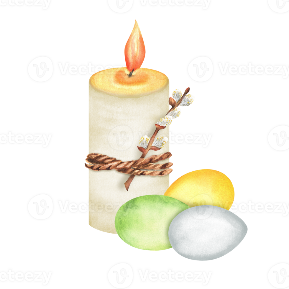 A large white lighted candle tied with a string and pussy-willow twig. Yellow, green, white easter eggs. Holiday clipart. Hand-drawn watercolor illustration png