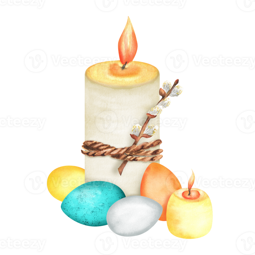A large white lighted candle tied with a string and pussy-willow twig. Easter eggs. Small yellow candle. Holiday clipart. Hand-drawn watercolor illustration png