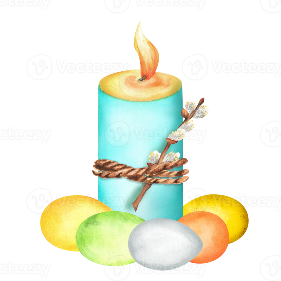 A large turquoise candle tied with a string and pussy-willow twig. Colorful Easter eggs. Clipart. Hand-drawn watercolor illustration png