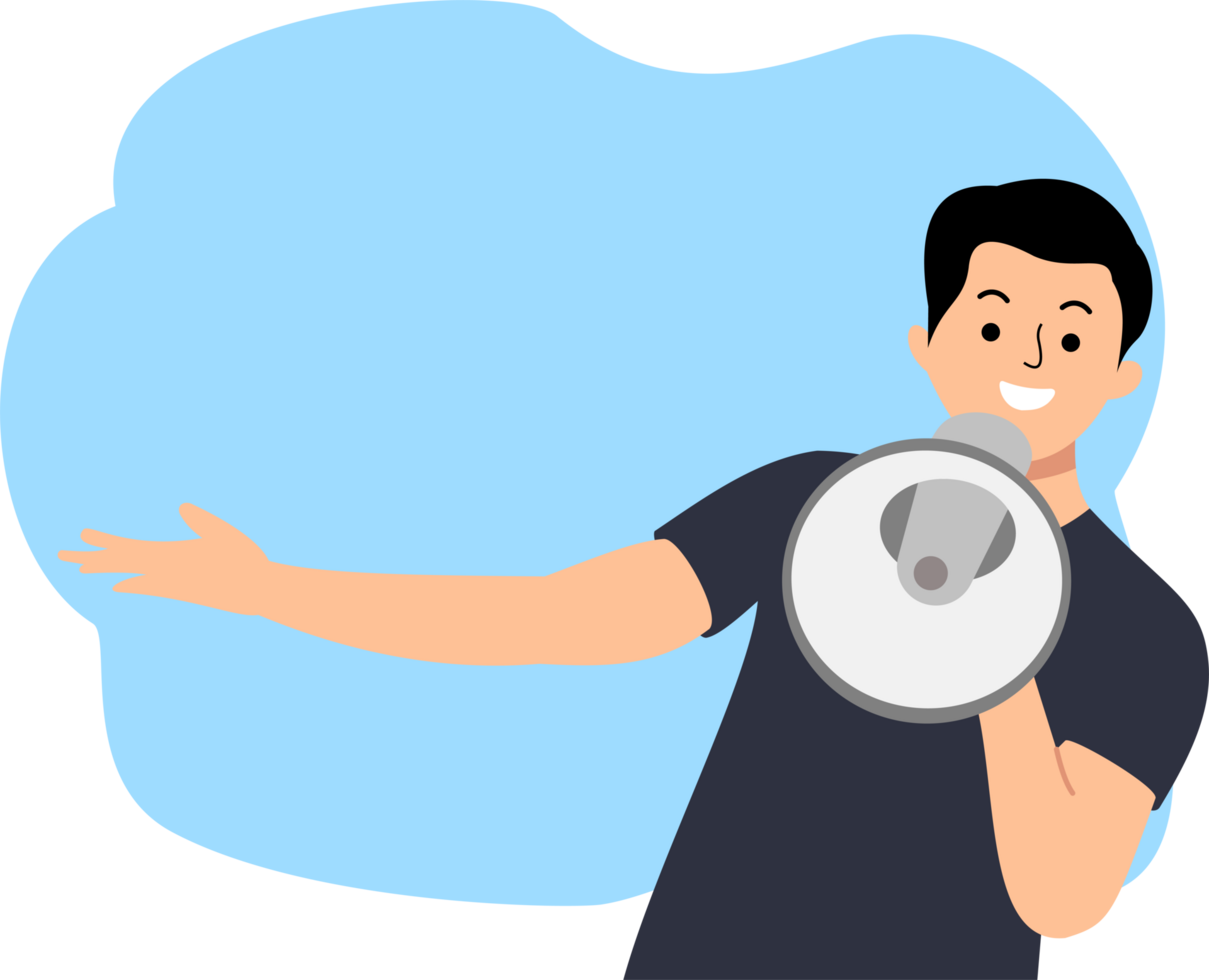 man holding megaphone. Man hold megaphone. Promotion with megaphone. Promotion concept. Announcement. Presentation png