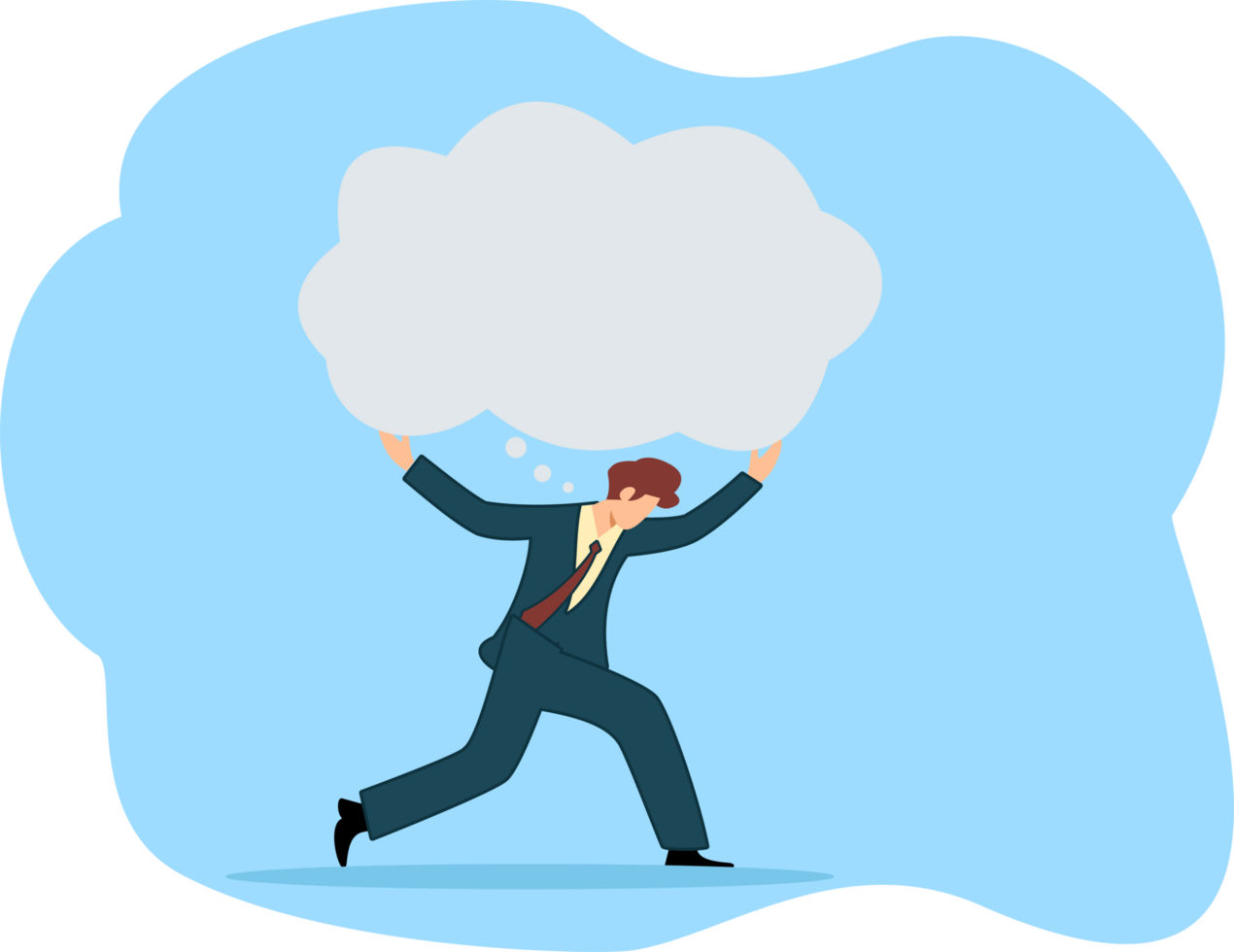 man carrying thought balloon. Over thinking obsessive in work. Too many problems that cannot make decision. Businessman carry heavy thinking bubble burden png