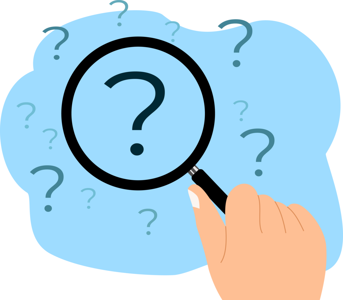 Hand holding magnifier for search of answer. Magnifier And Question Mark. Searching. Magnifying Glass. Problems solving. Question Mark png